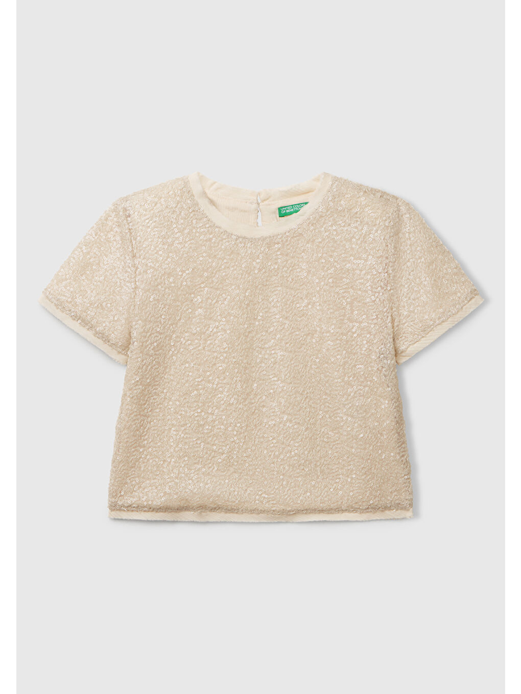 Kız Çocuk Ekru Payetli Tül Astarlı Arkası Tek Düğmeli Kısa Kollu Bluz