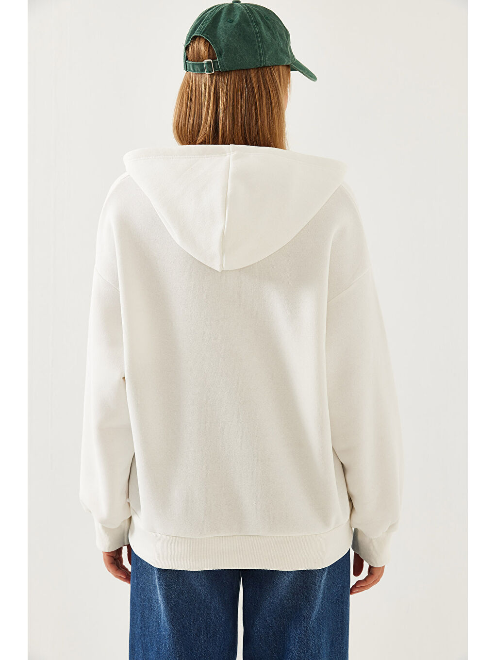 Beyaz Kadın Kapüşonlu V Yaka Sweatshirt-5