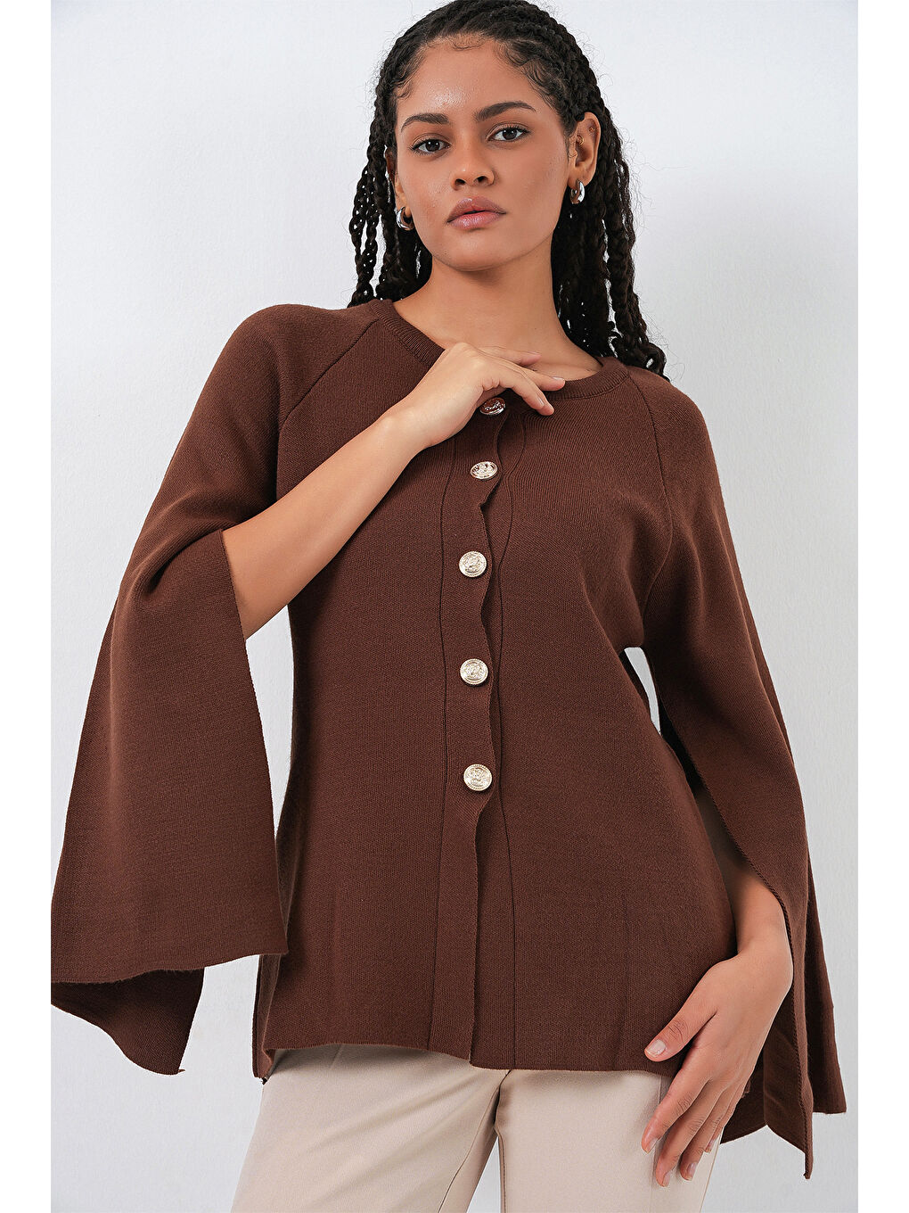 Kadın Triko Panço Hırka 15965 - Kahverengi