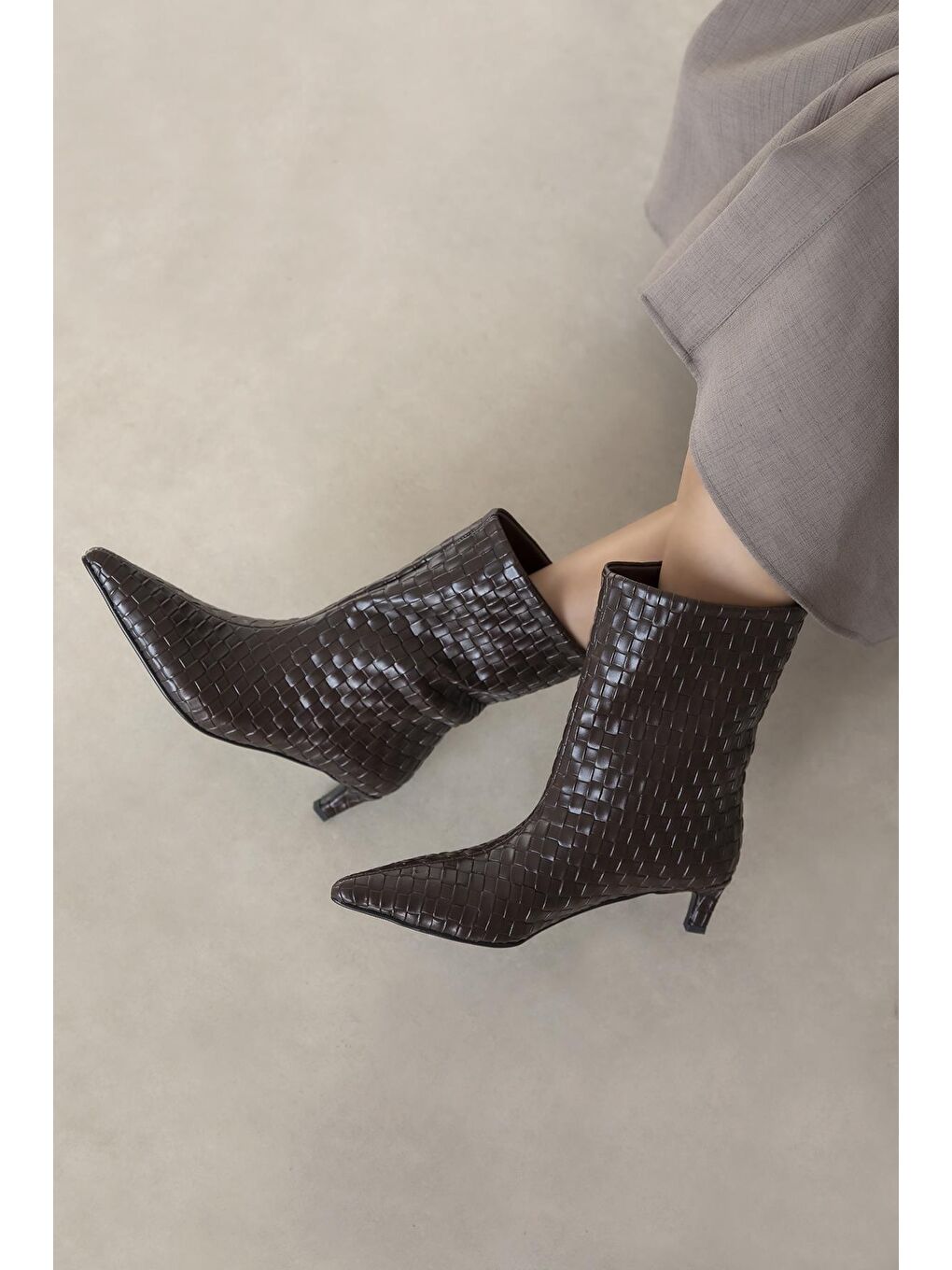 Kahverengi Zoey Kadın Örgü Detay Deri Bot Kahve