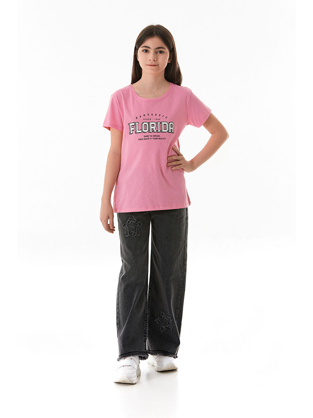 Pembe %100 Pamuk Florida Yazı Baskılı Kız Çocuk Tişört-1