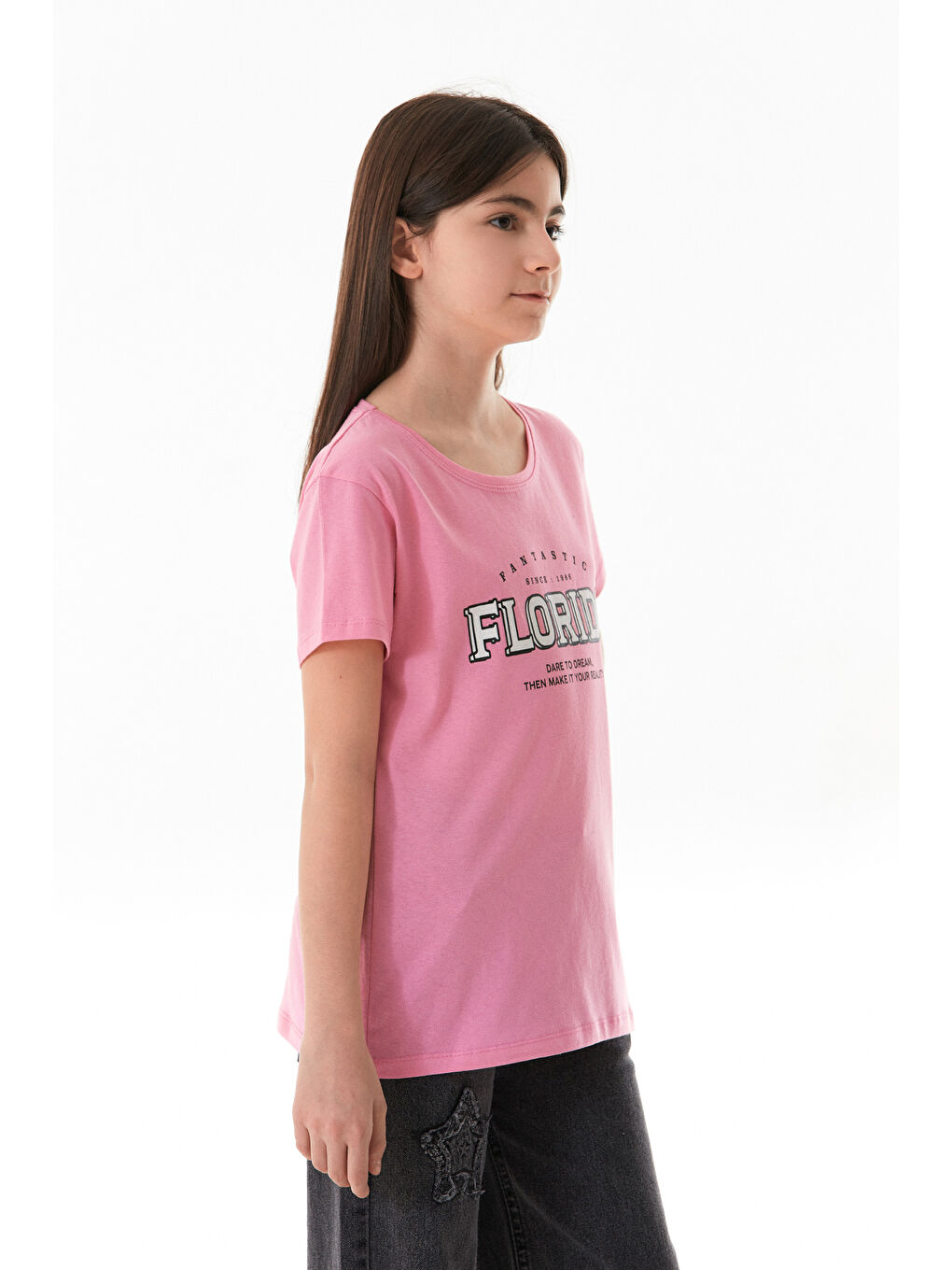 Pembe %100 Pamuk Florida Yazı Baskılı Kız Çocuk Tişört-3