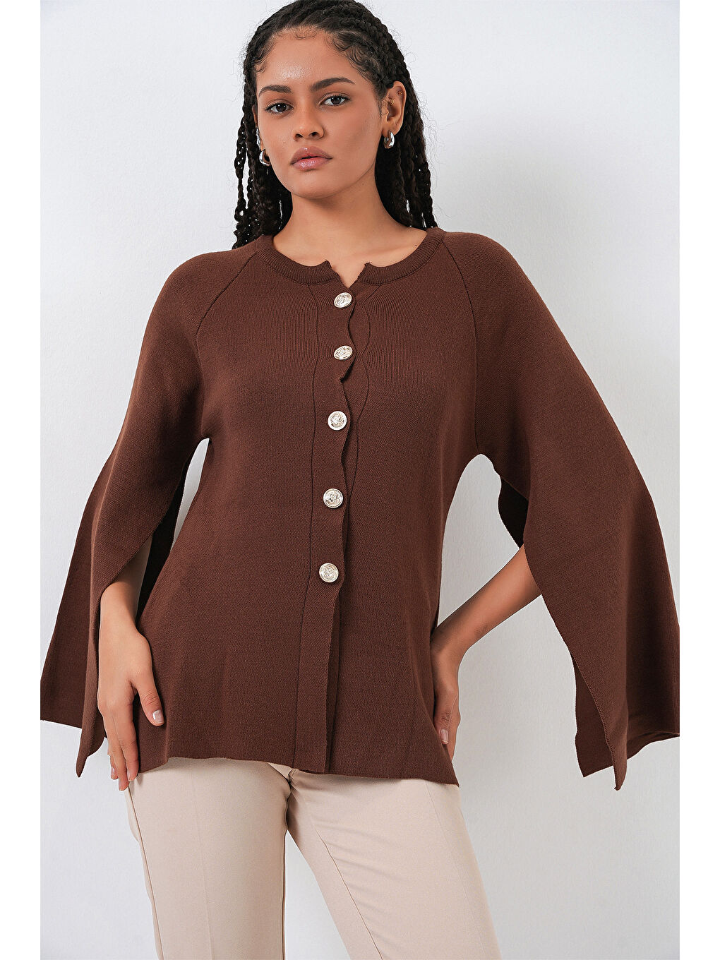 Kadın Triko Panço Hırka 15965 - Kahverengi-2