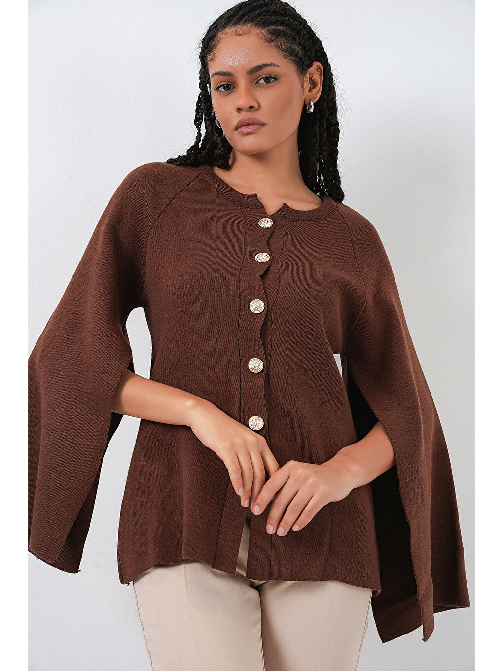 Kadın Triko Panço Hırka 15965 - Kahverengi-3