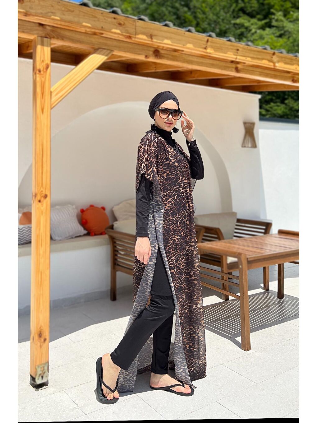 Remsa Mayo Siyah Tesettür Mayo Üzerine Desenli Tek Kaftan Pareo 430-313 Leopar - 3