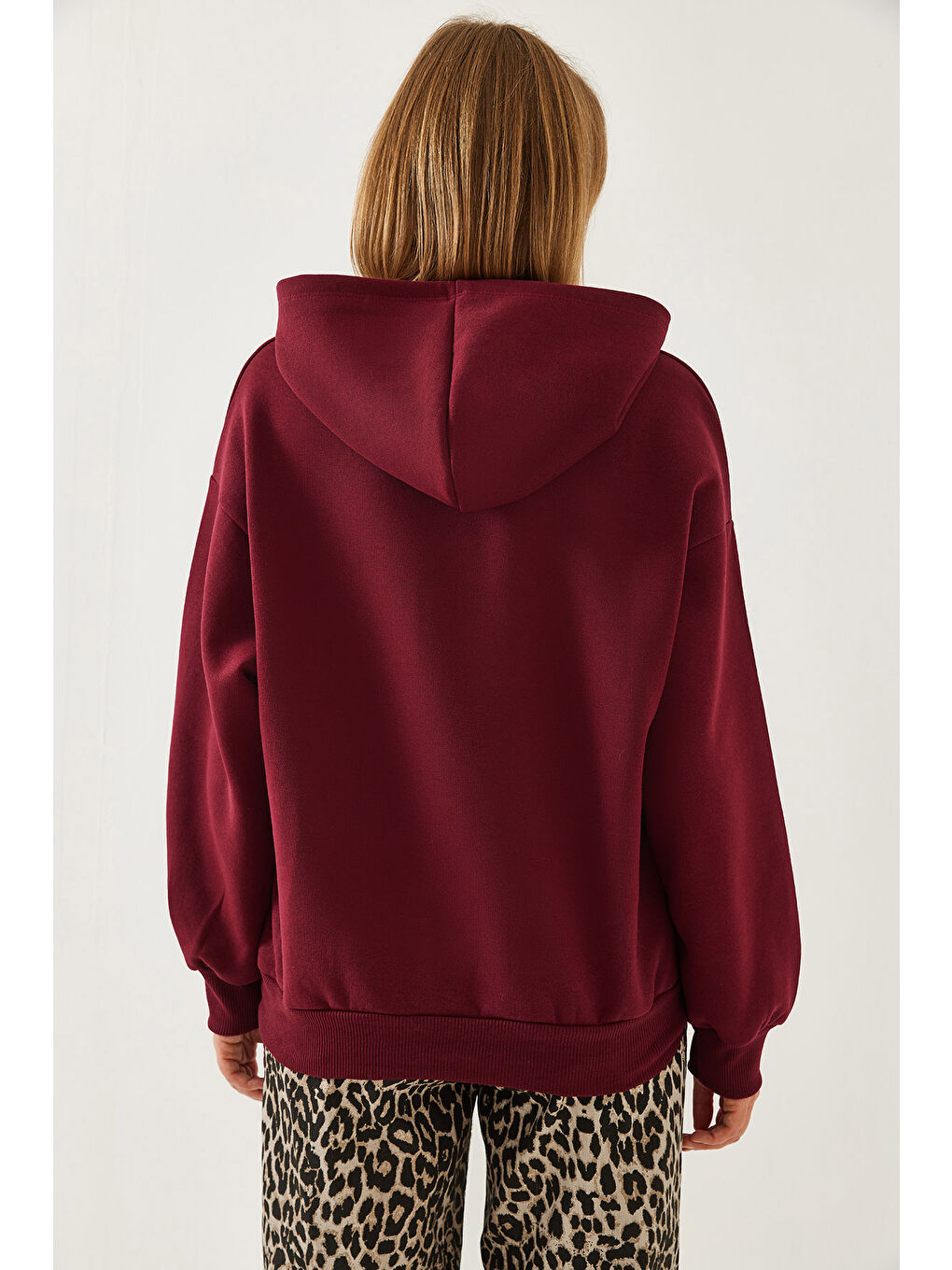 Bordo Kadın Kapüşonlu V Yaka Sweatshirt-3