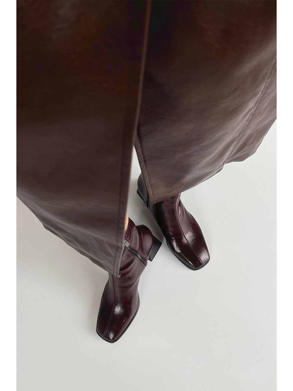 Trew Kadın Streç Topuklu Kırışık Deri Bot Bordo-2