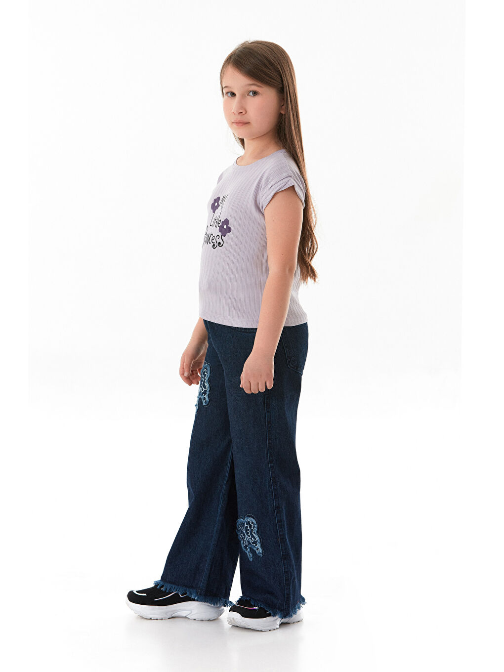 Lila Fitilli Yazı Baskılı Kız Çocuk Tişört-1