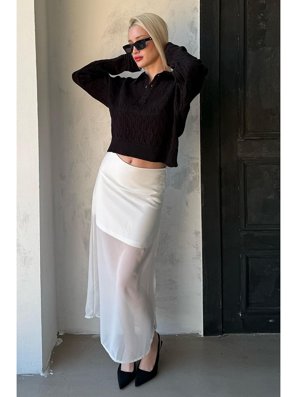 Siyah Saç Örgülü Polo Yaka Kadın Kazak Mg2310-6