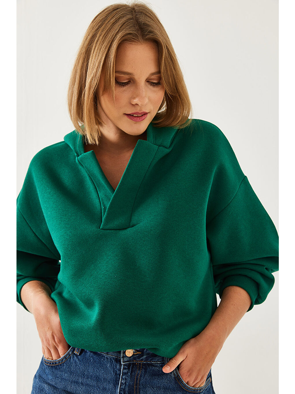 Yeşil Kadın Kapüşonlu V Yaka Sweatshirt-1