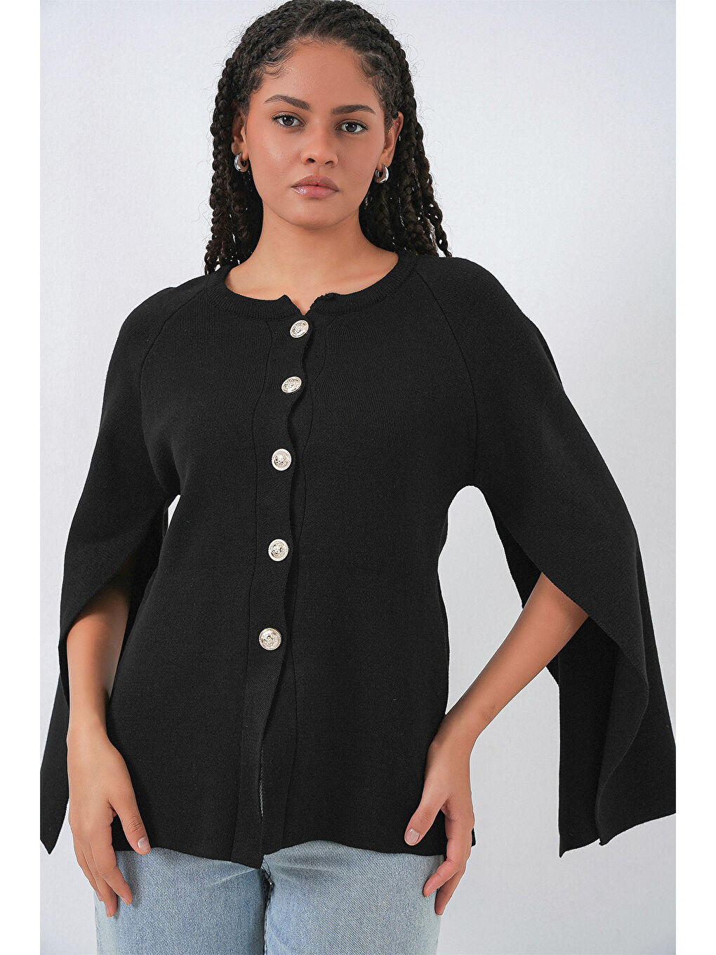 Kadın Triko Panço Hırka 15965 - Siyah-2