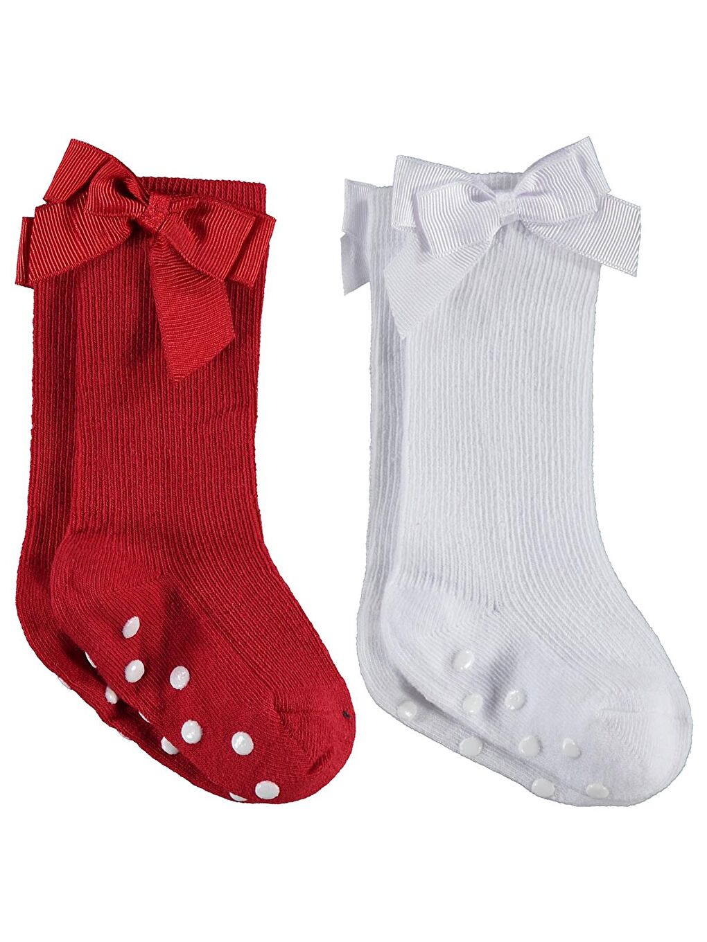 Beyaz Baby Fiyonk Aksesuarlı Kaydırmaz 2'li 6- Bebek Kız Çorap Set - Standart