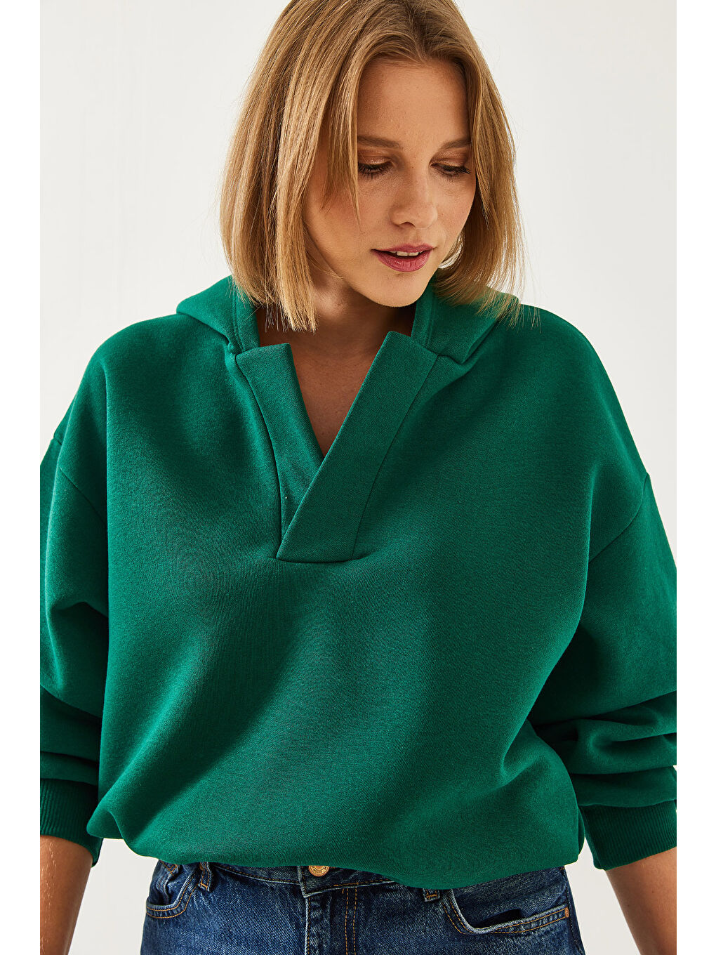 Yeşil Kadın Kapüşonlu V Yaka Sweatshirt-2
