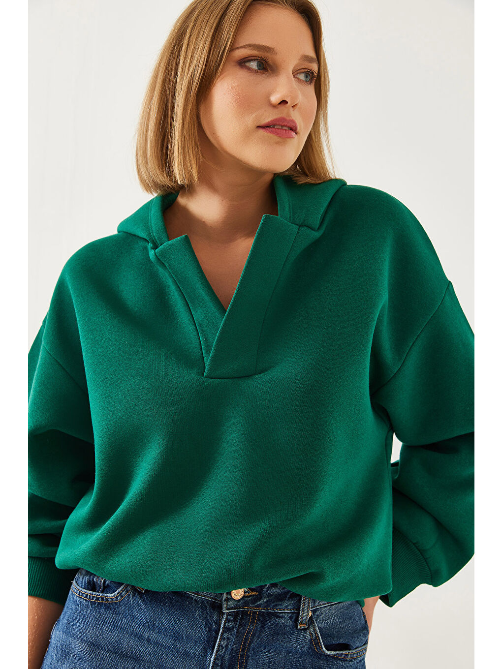 Yeşil Kadın Kapüşonlu V Yaka Sweatshirt-3