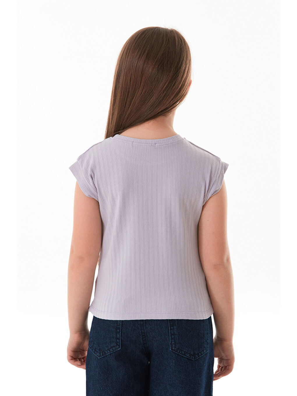 Lila Fitilli Yazı Baskılı Kız Çocuk Tişört-2