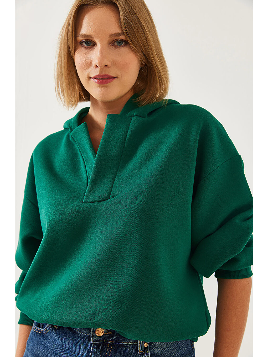 Yeşil Kadın Kapüşonlu V Yaka Sweatshirt-4