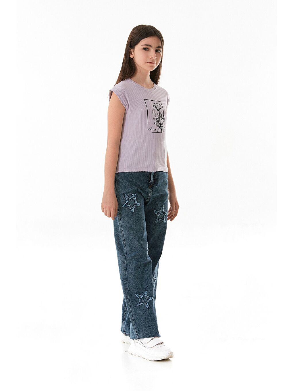 Lila Always Pretty Yazı Baskılı Kız Çocuk Tişört-1