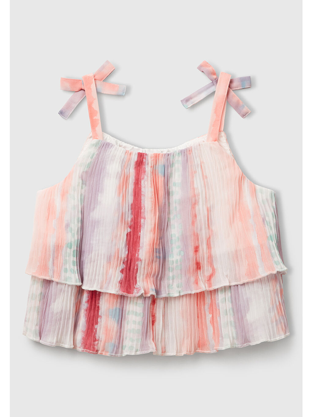 Karışık Kız Çocuk Renkli Tamamı Desenli Pileli Fiyonklu Askılı Üst-1