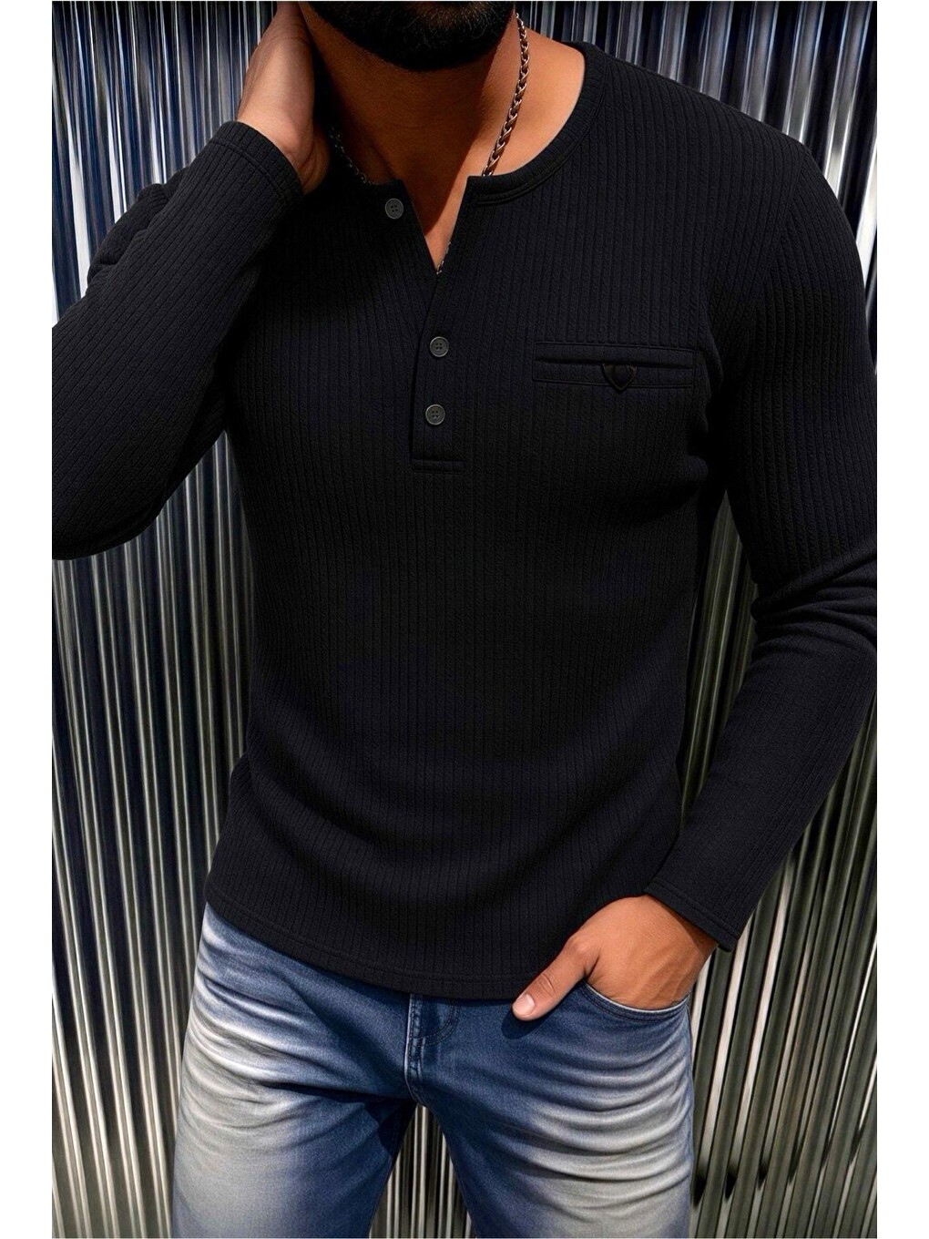 Siyah Fer Erkek Düğme Ve Gizli Cep Görünümlü Slim Fit Henley Yaka Uzun Kollu T-shirt-1
