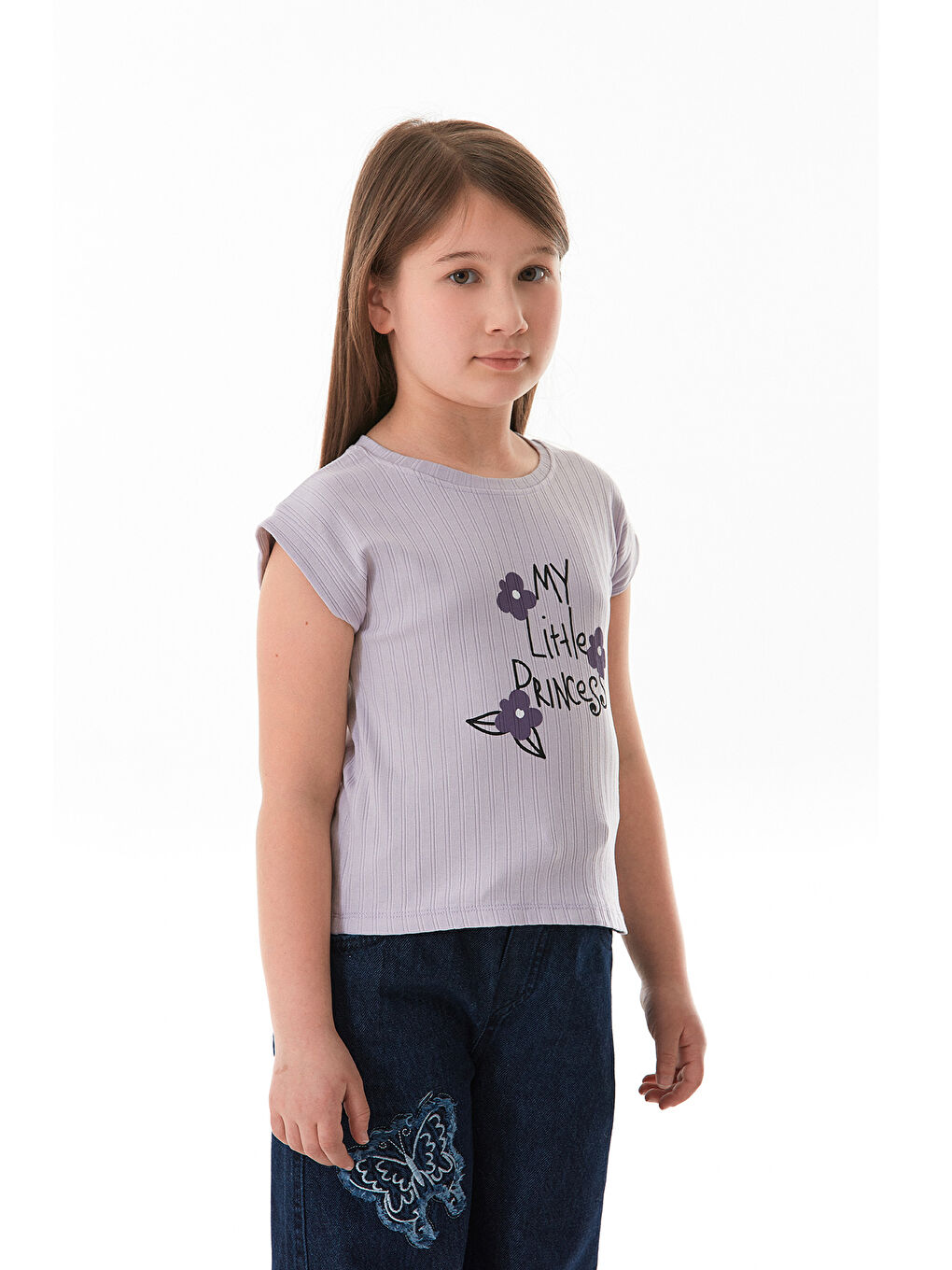 Lila Fitilli Yazı Baskılı Kız Çocuk Tişört-3