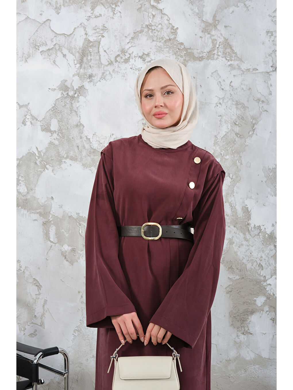 Kadın Kemerli Elbise Bordo-2