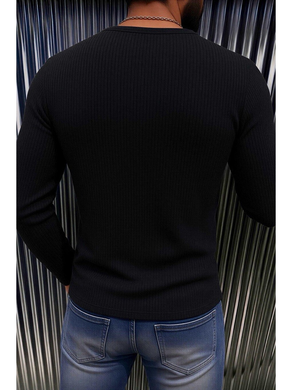 Siyah Fer Erkek Düğme Ve Gizli Cep Görünümlü Slim Fit Henley Yaka Uzun Kollu T-shirt-2