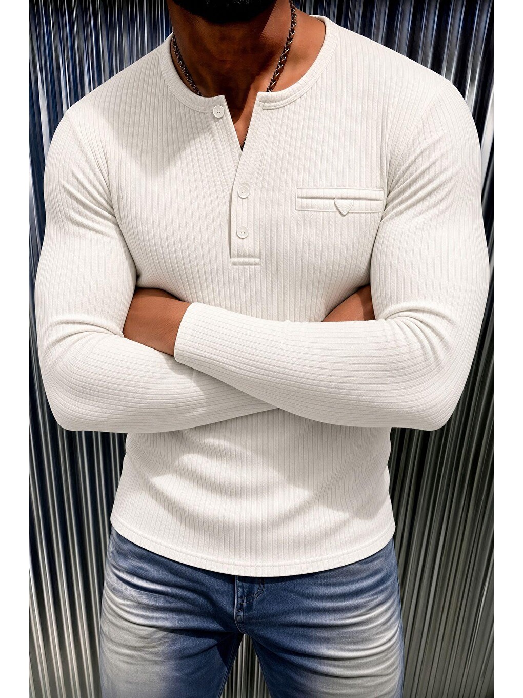 Beyaz Fer Erkek Düğme Ve Gizli Cep Görünümlü Slim Fit Henley Yaka Uzun Kollu T-shirt-1
