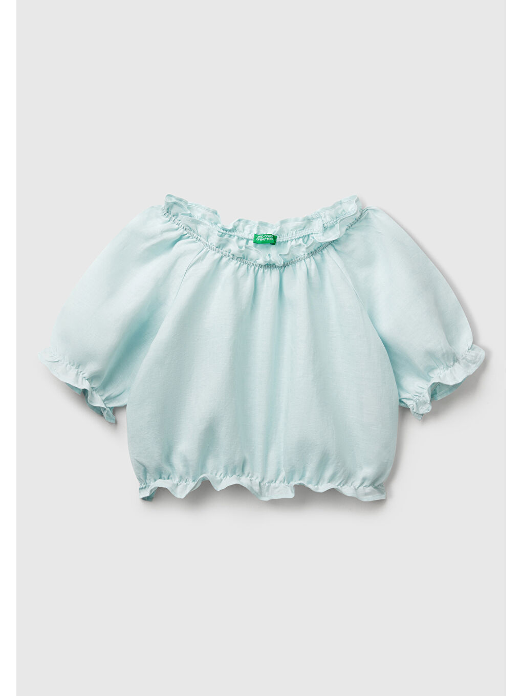 Turkuaz Kız Çocuk Su Yeşili Keten Karışımlı Büzgü Dikişli Kısa Kollu Bluz