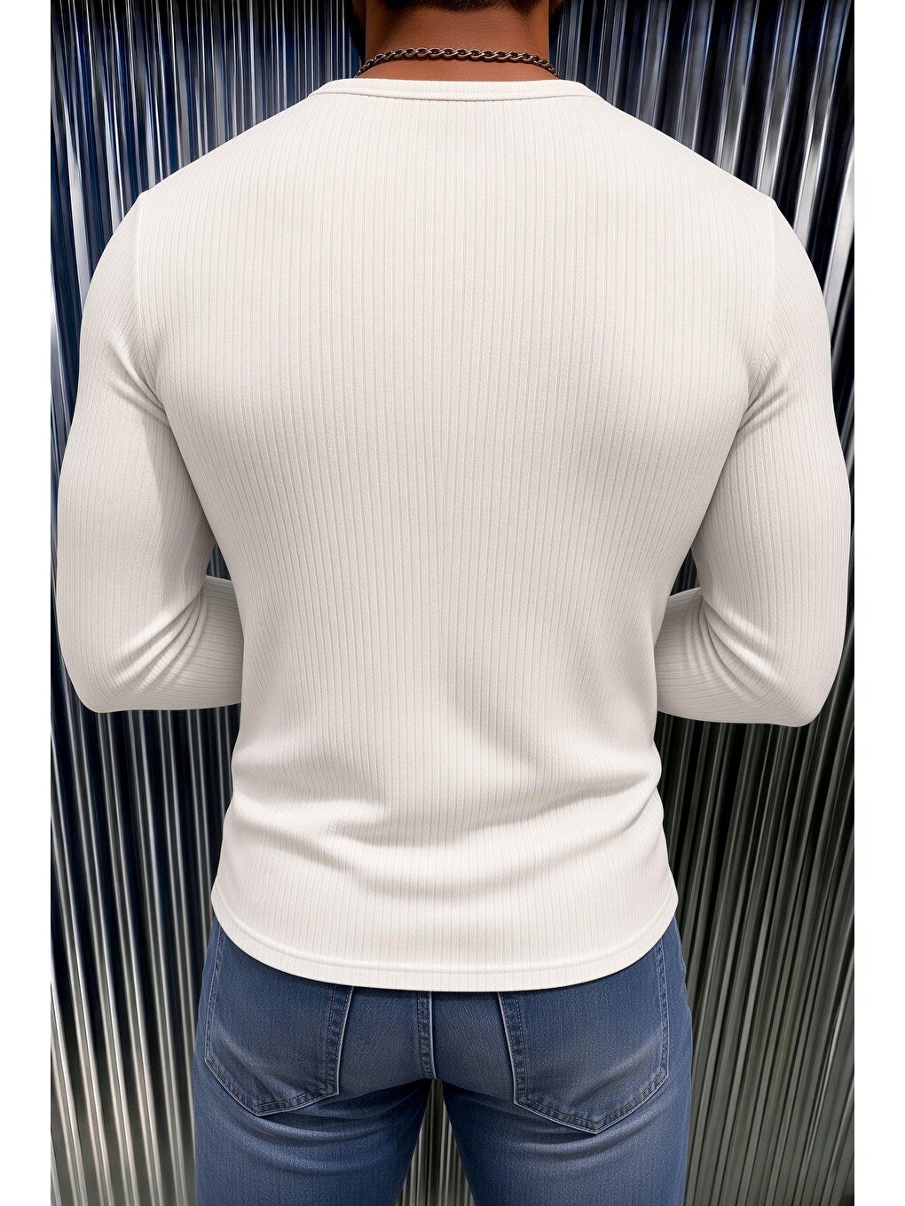 Beyaz Fer Erkek Düğme Ve Gizli Cep Görünümlü Slim Fit Henley Yaka Uzun Kollu T-shirt-2
