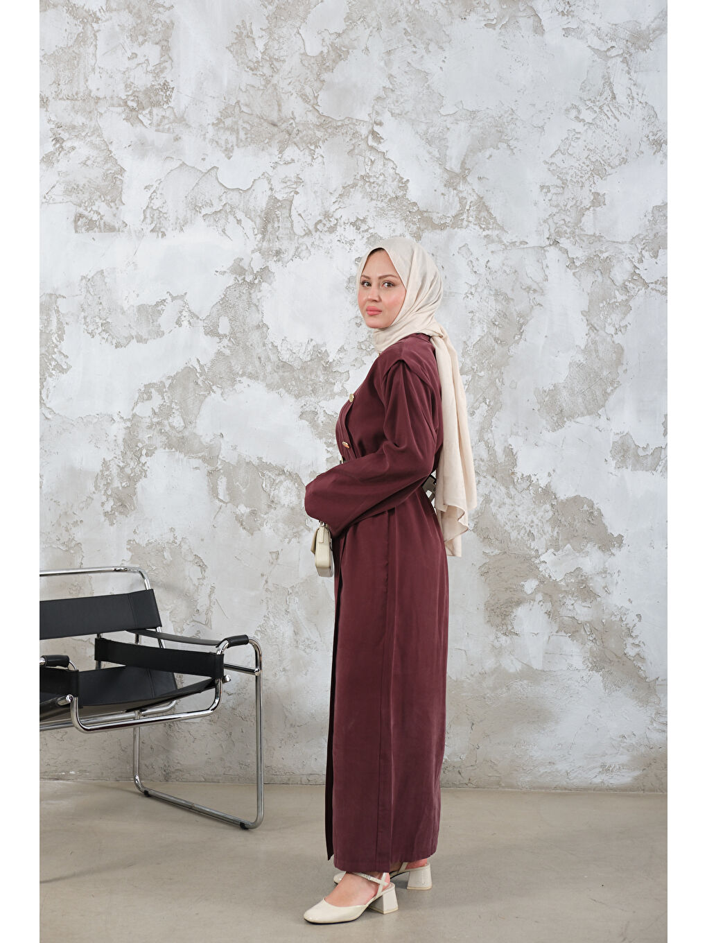 Kadın Kemerli Elbise Bordo-3