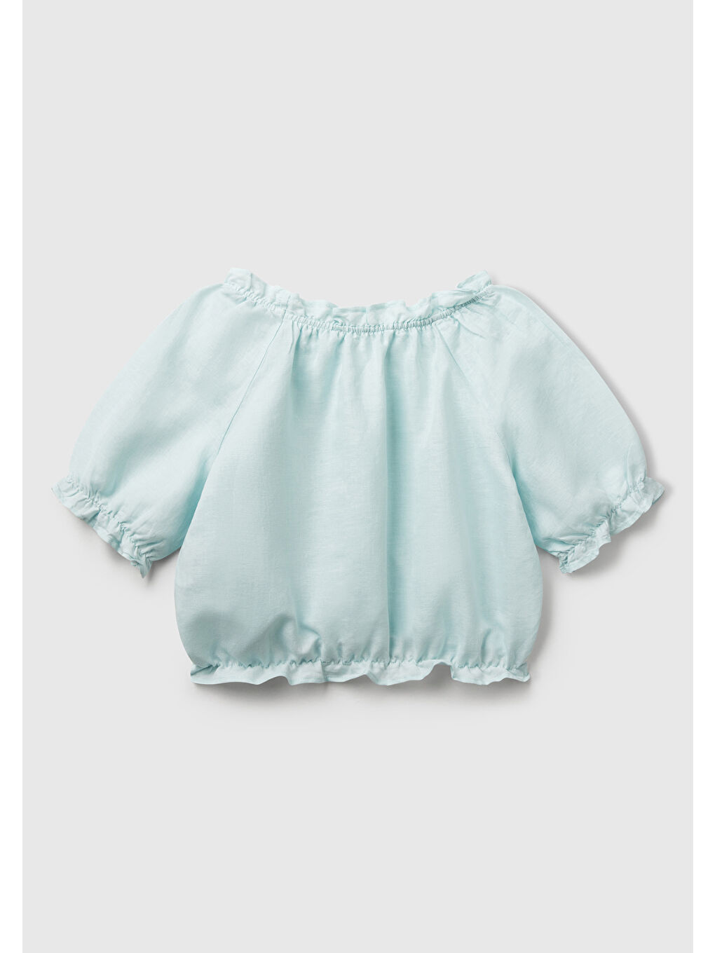 Turkuaz Kız Çocuk Su Yeşili Keten Karışımlı Büzgü Dikişli Kısa Kollu Bluz-1