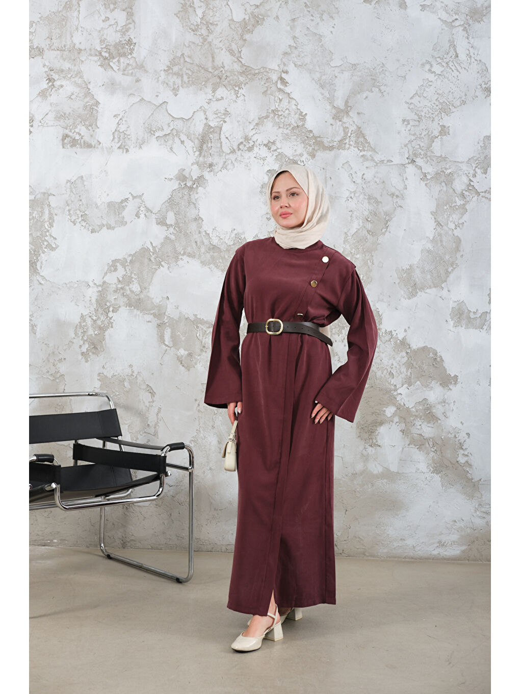 Kadın Kemerli Elbise Bordo-4