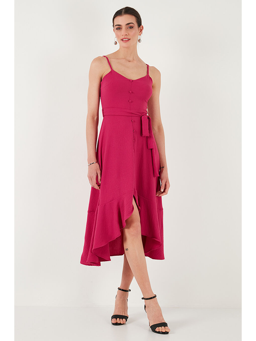 Mor Kemer Ve Düğme Detaylı Volanlı Regular Fit Midi Boy Kadın Elbise 67810145-1