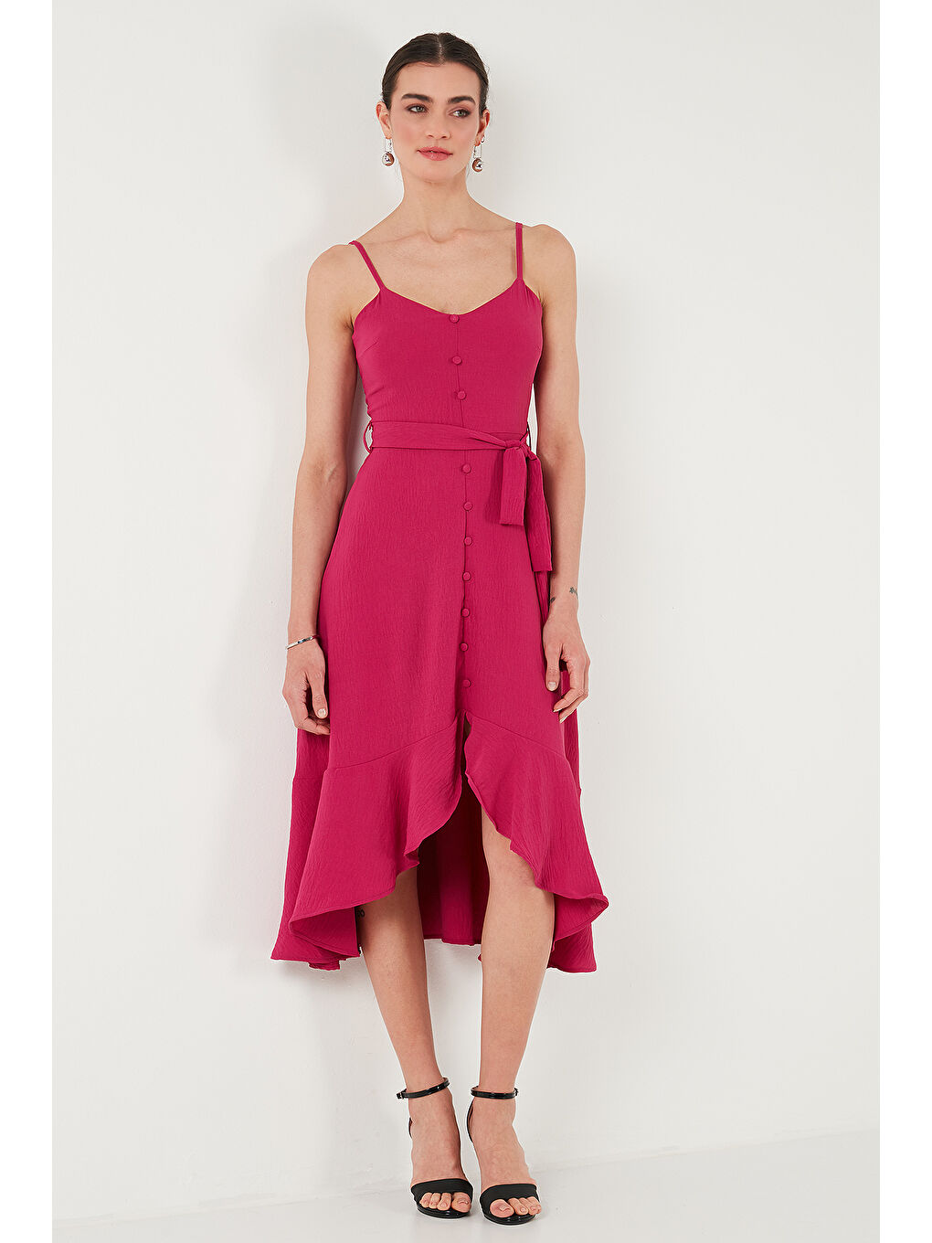 Mor Kemer Ve Düğme Detaylı Volanlı Regular Fit Midi Boy Kadın Elbise 67810145-3