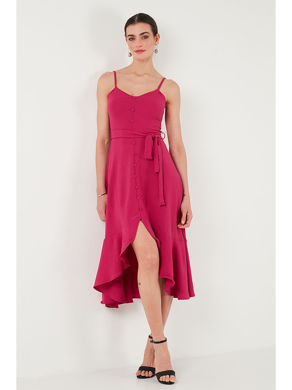 Mor Kemer Ve Düğme Detaylı Volanlı Regular Fit Midi Boy Kadın Elbise 67810145-4