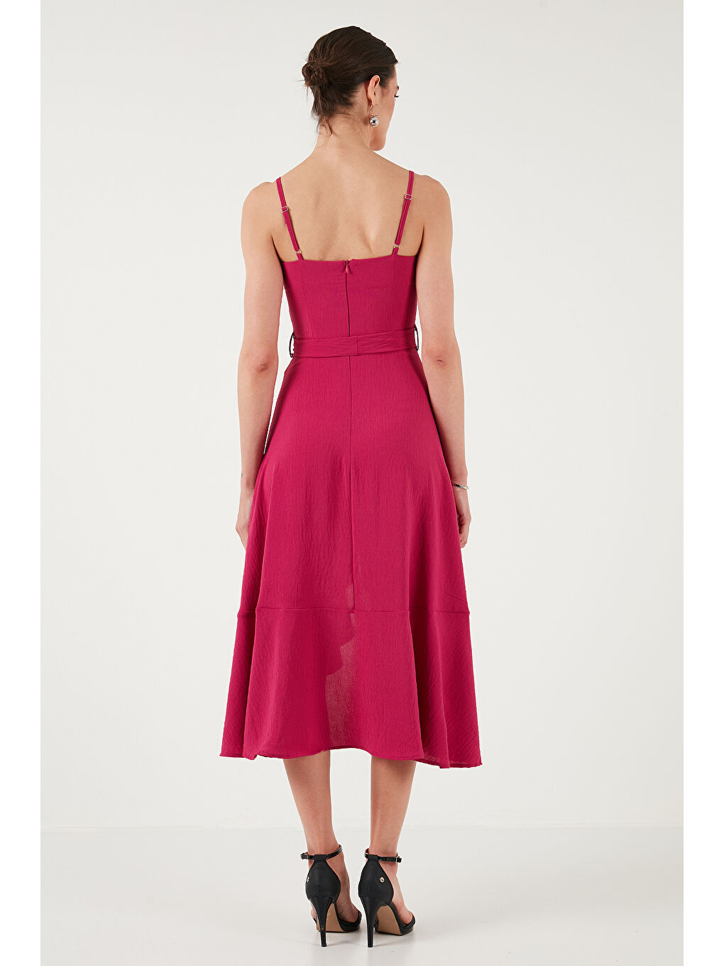 Mor Kemer Ve Düğme Detaylı Volanlı Regular Fit Midi Boy Kadın Elbise 67810145-5