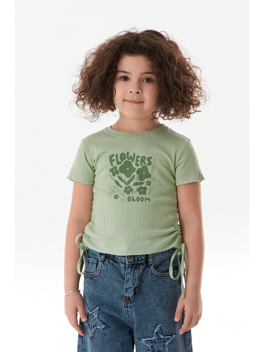 Yeşil Yazı Baskılı Yanları Büzgülü Kız Çocuk Tişört-1