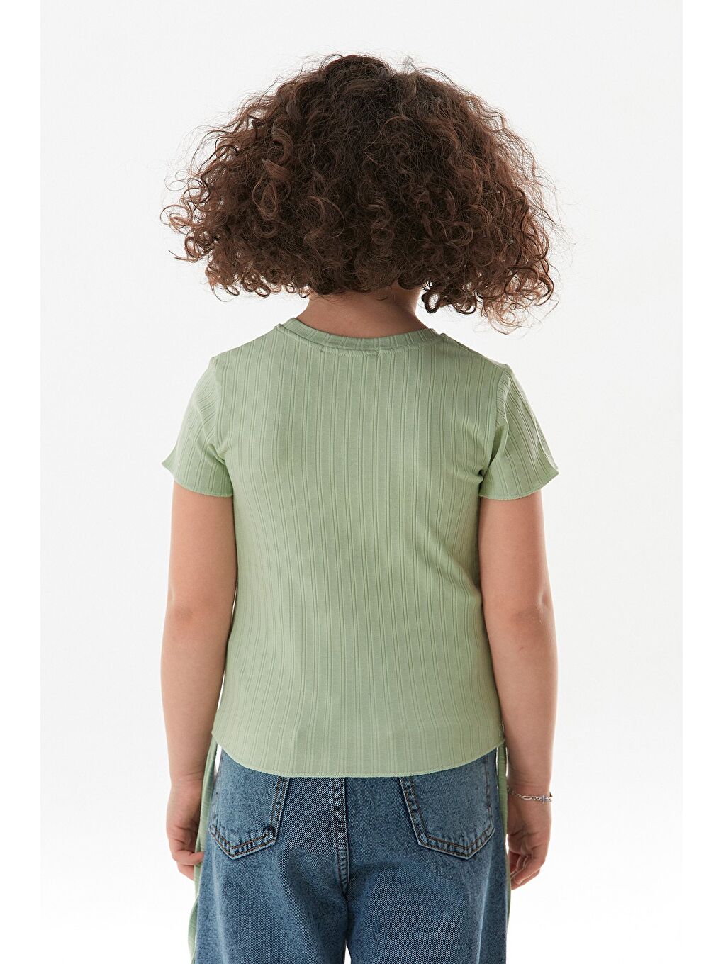 Yeşil Yazı Baskılı Yanları Büzgülü Kız Çocuk Tişört-2