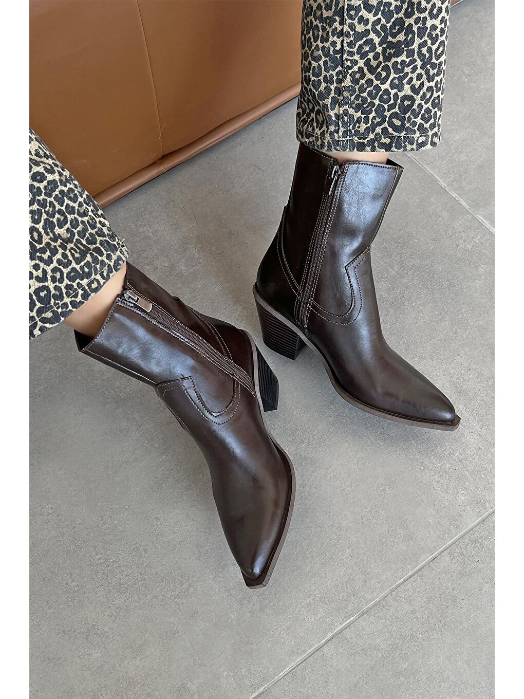 Kahverengi Jose Kadın Kırışık Deri Topuklu Bot Kahve-2