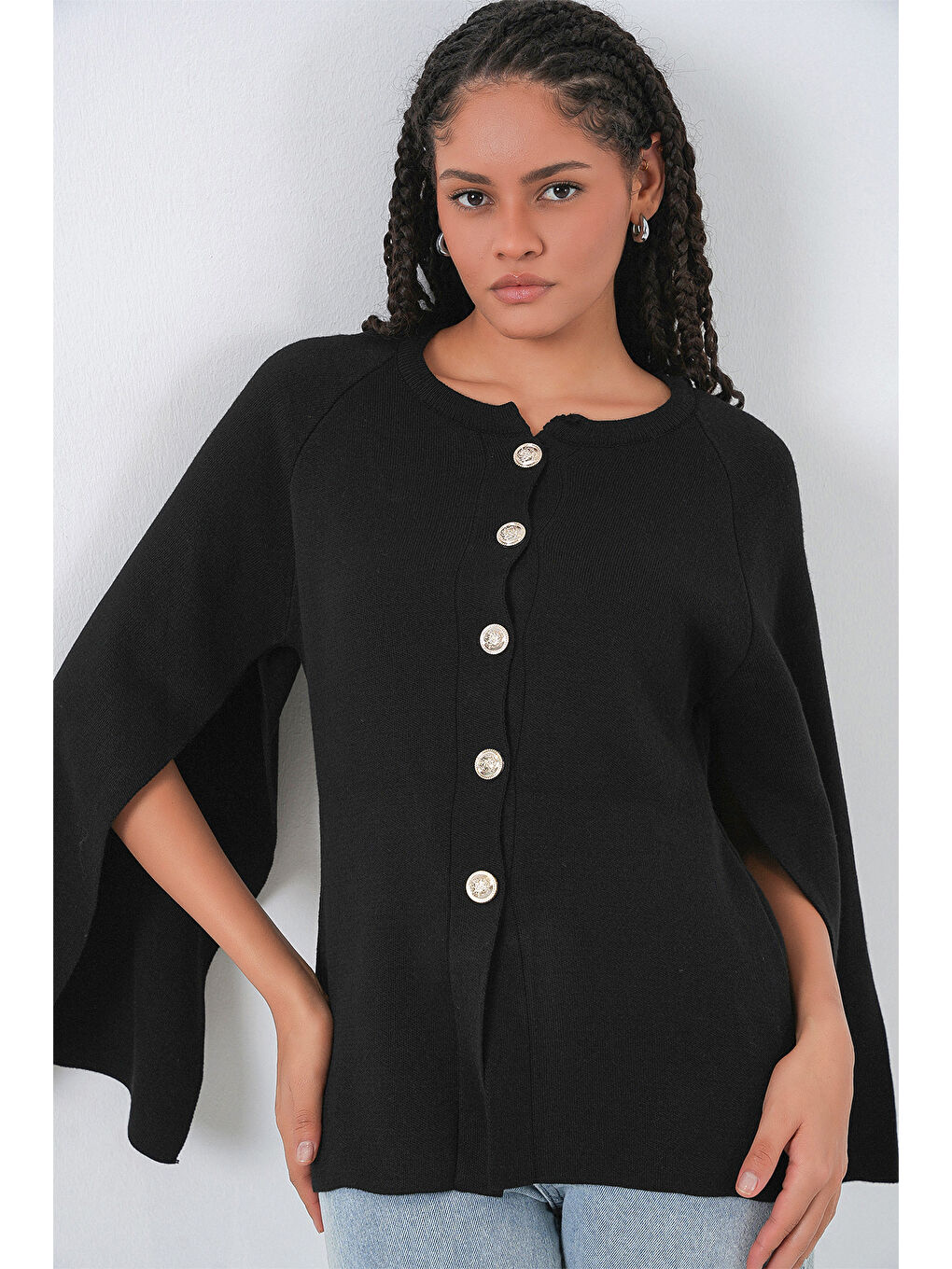 Kadın Triko Panço Hırka 15965 - Siyah-3