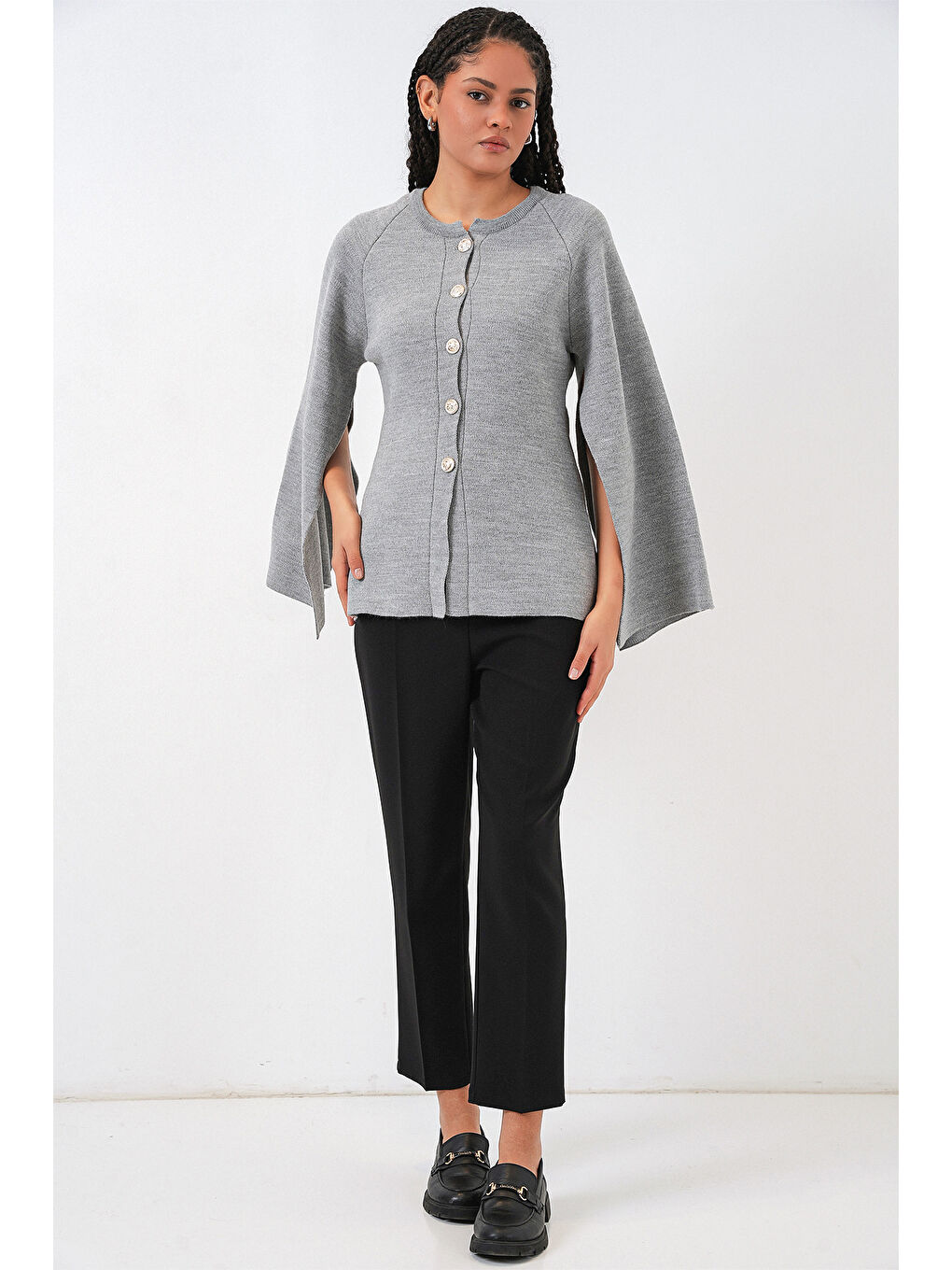 Kadın Triko Panço Hırka 15965 - Gri-1