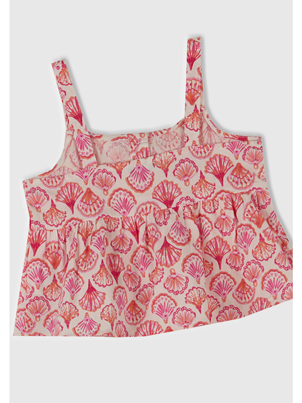 Kız Çocuk Pembe Desenli Pile Detaylı Önü Düğmeli Askılı Üst-1