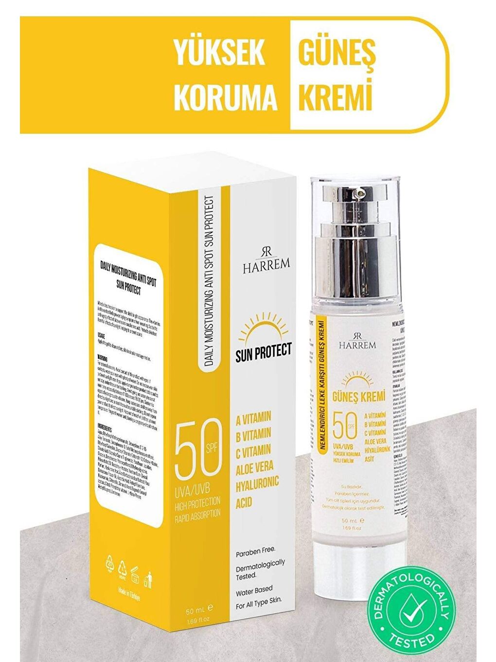 Harrem Renksiz Nemlendirici Leke Karşıtı Spf 50+ Güneş Kremi 50 ml