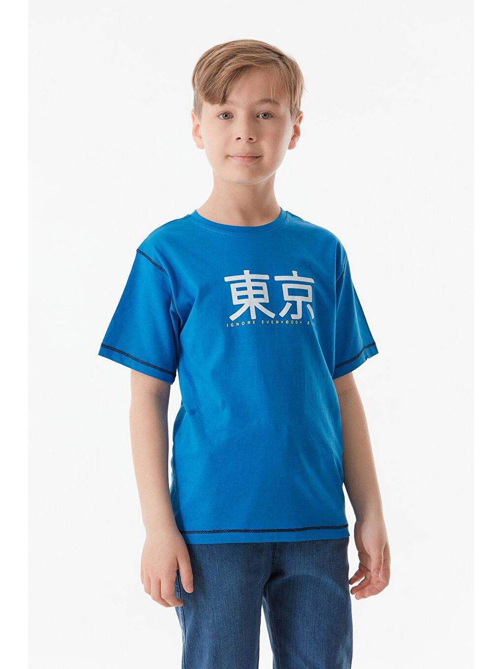 Mavi Baskılı Bisiklet Yaka Erkek Çocuk Tişört-1