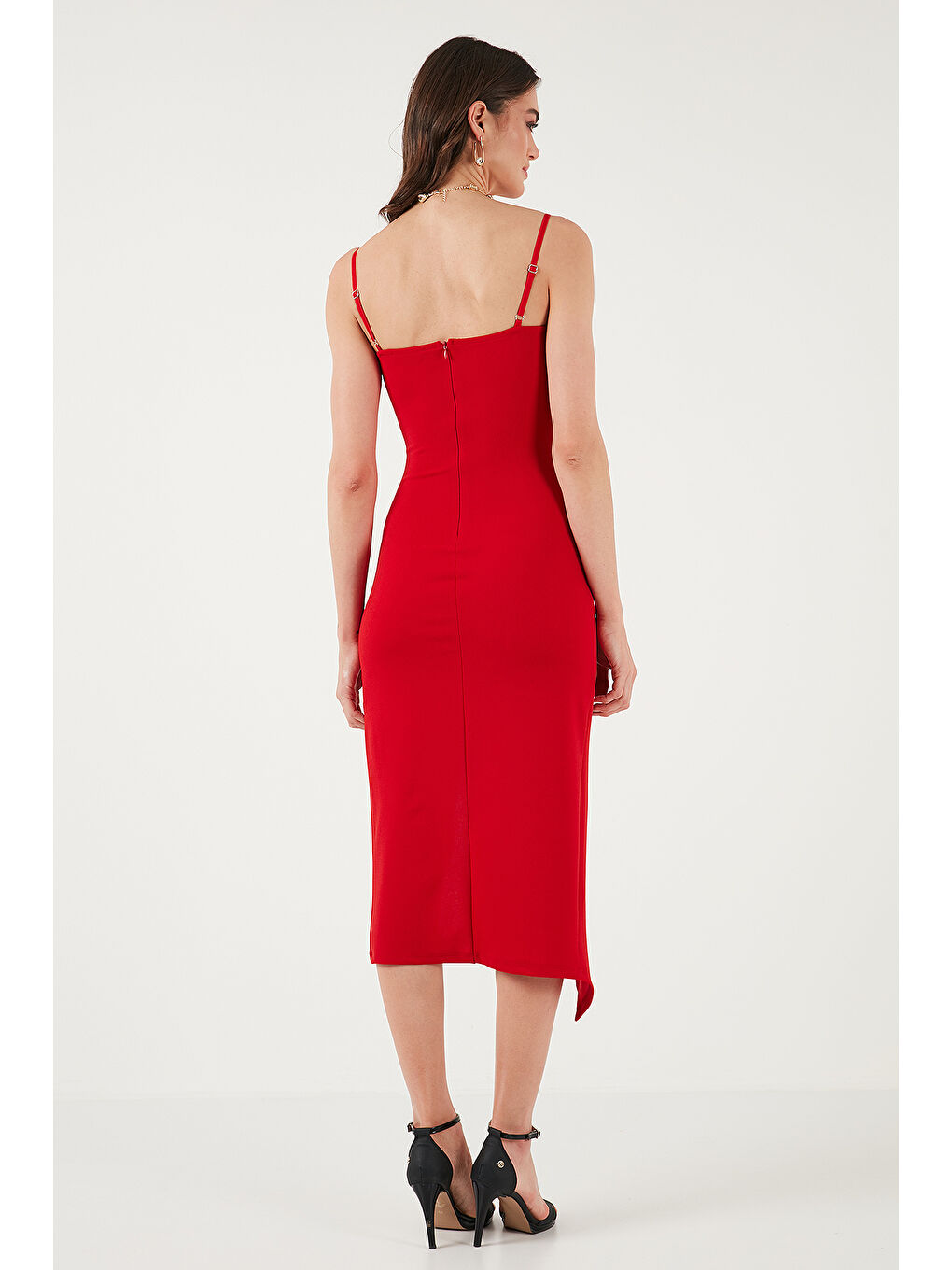 Lela Kirmizi Slim Fit V Yaka Drape Detaylı Yırtmaçlı Midi Boy Kadın Elbise 6789961 - 6