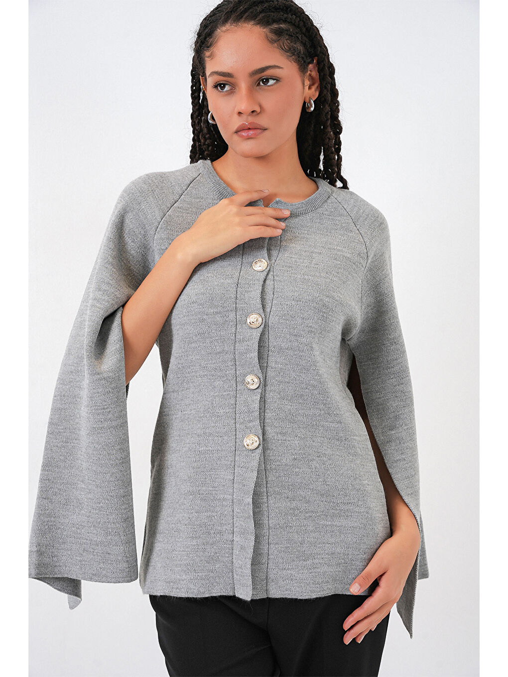 Kadın Triko Panço Hırka 15965 - Gri-2