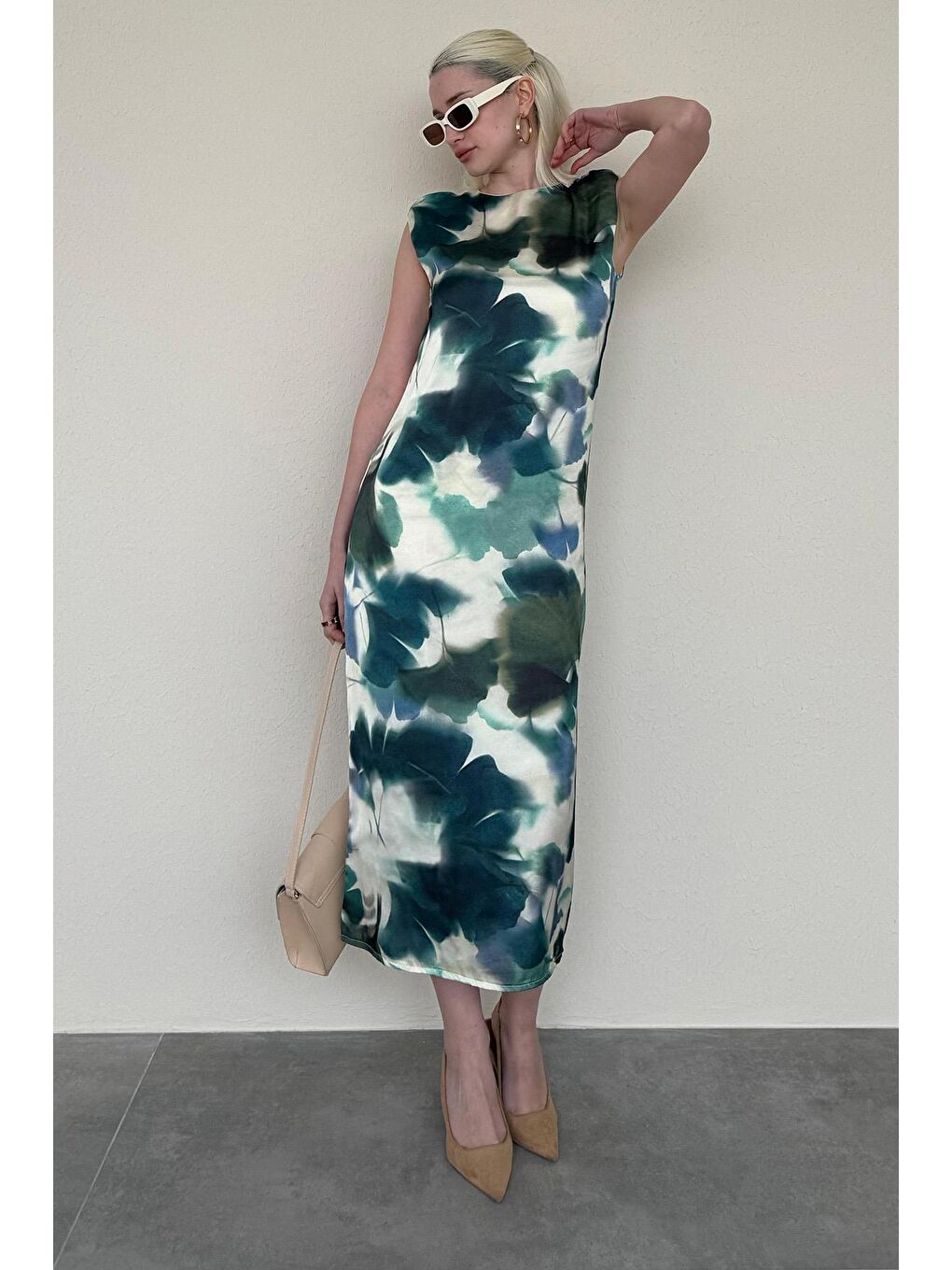 Yeşil Desenli Midi Boy Kadın Elbise Mg2377-1