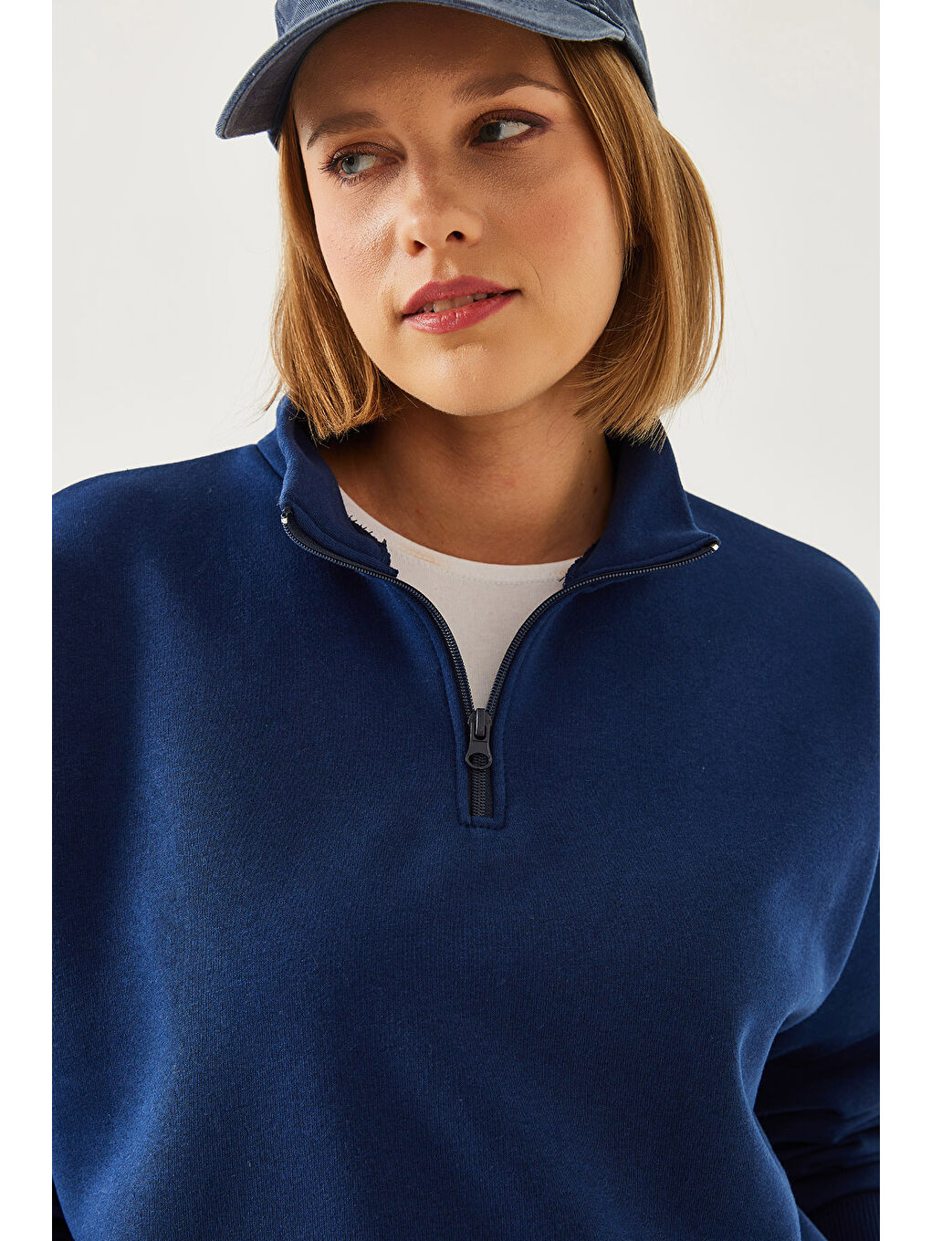 Lacivert Kadın Fermuarlı Oversize Sweatshirt-3