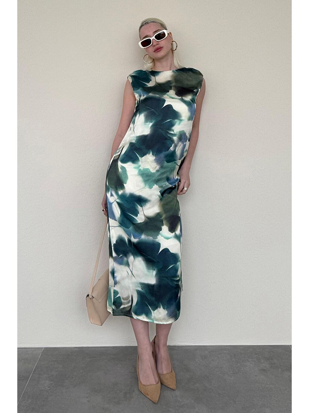 Yeşil Desenli Midi Boy Kadın Elbise Mg2377-2