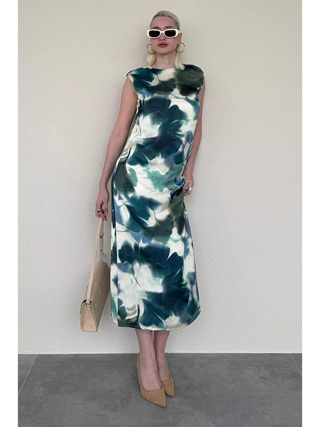 Yeşil Desenli Midi Boy Kadın Elbise Mg2377-3